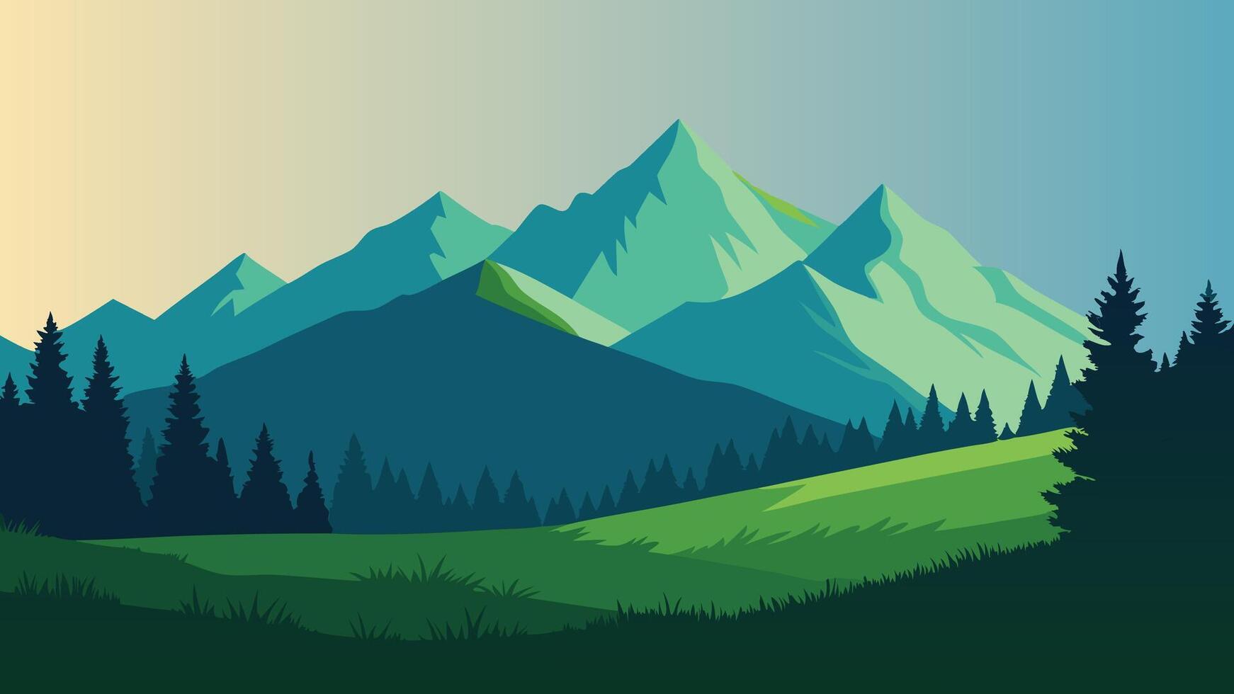 Mountains enveloped by lush green trees, creating a serene and picturesque natural landscape. flat illustration vector