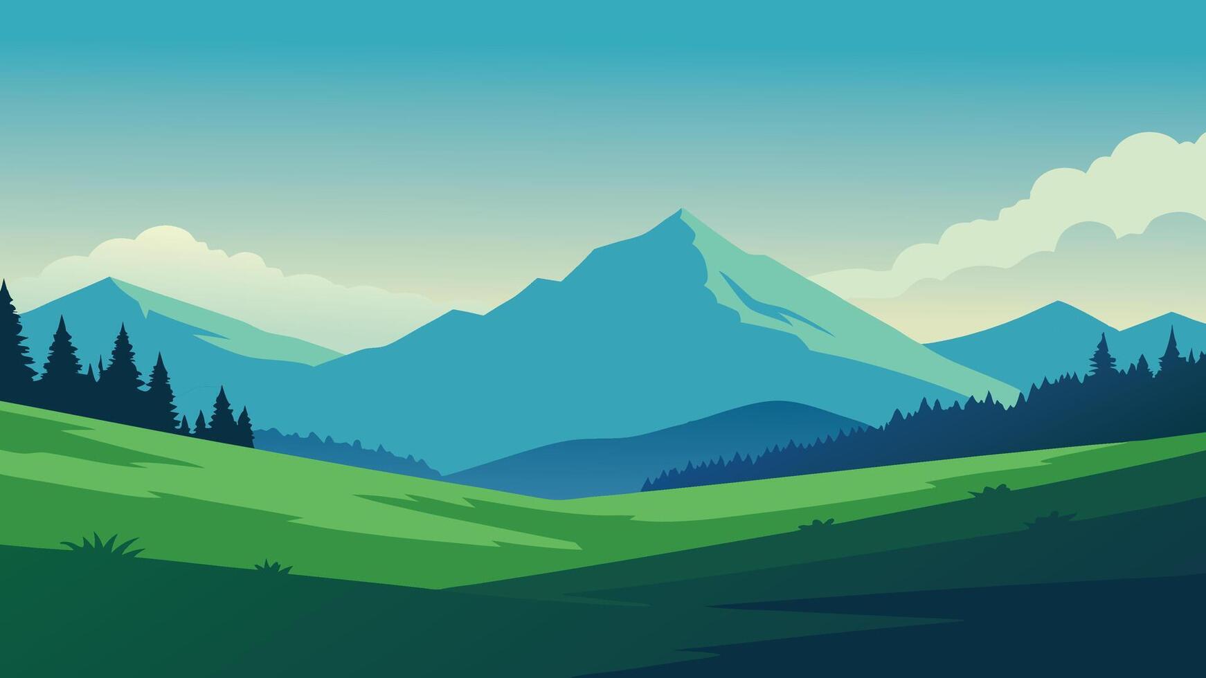 Landscape featuring lush green grass under a sky filled with fluffy clouds, creating a tranquil atmosphere. flat illustration. vector