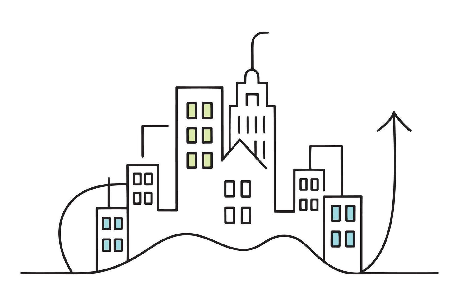 Cityscape featuring a building and an arrow, symbolizing a business idea and direction for growth isolated doodle line art flat illustration on white background. vector
