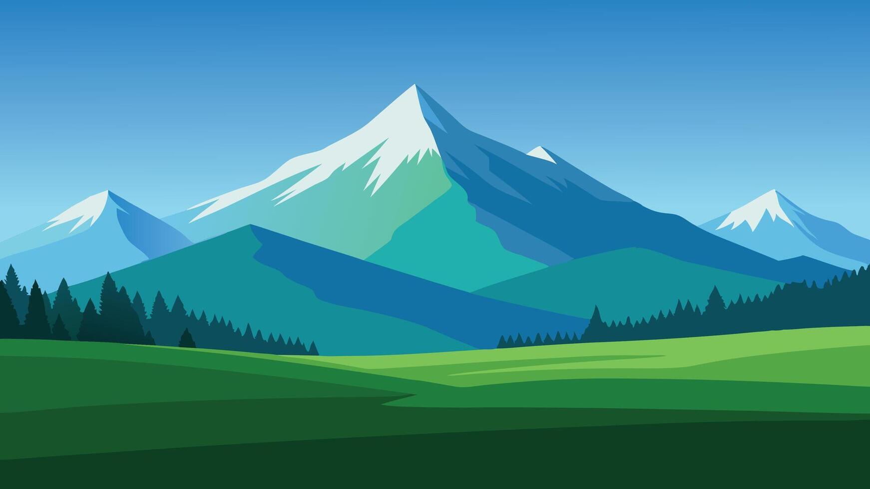 Lush green grass stretches out with majestic mountains rising in the distance under a clear blue sky flat illustration. vector