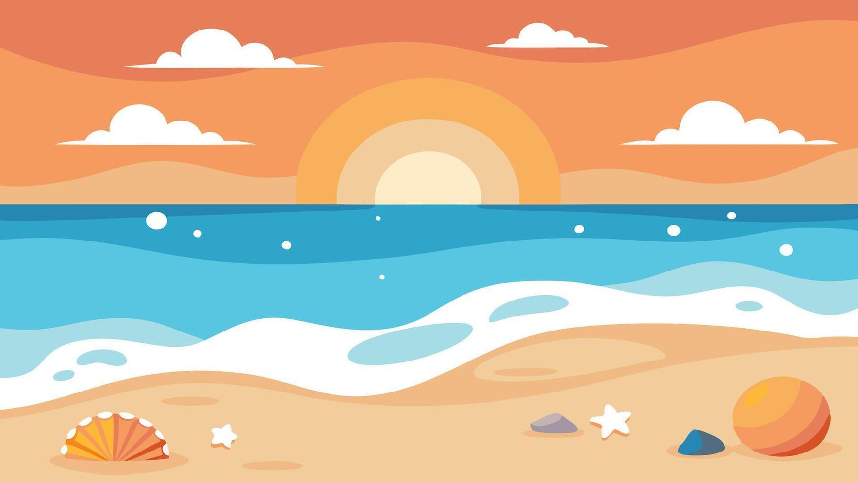 Beachscape at sunrise with shimmering waves and scattered seashells on sandy shore isolated flat illustration vector