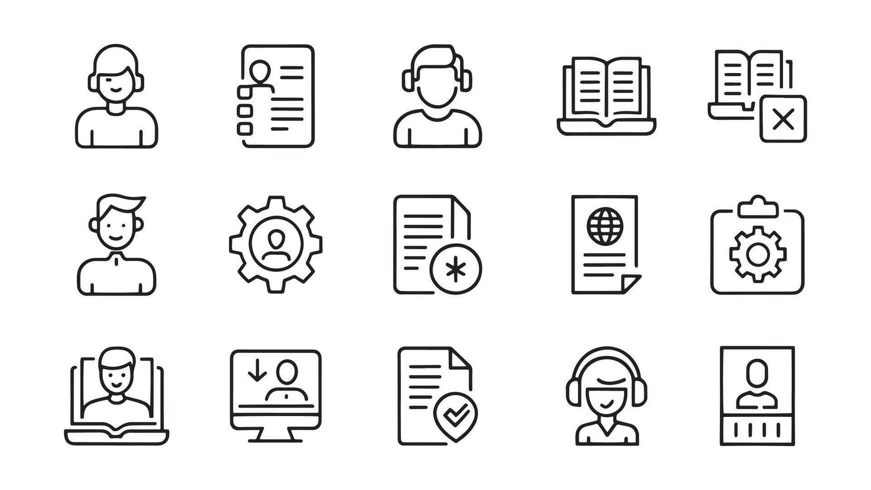 Containing user manual, instruction, guidebook, reference, information support, assistant, customer help related editable stroke outline icon set illustration on white background. vector