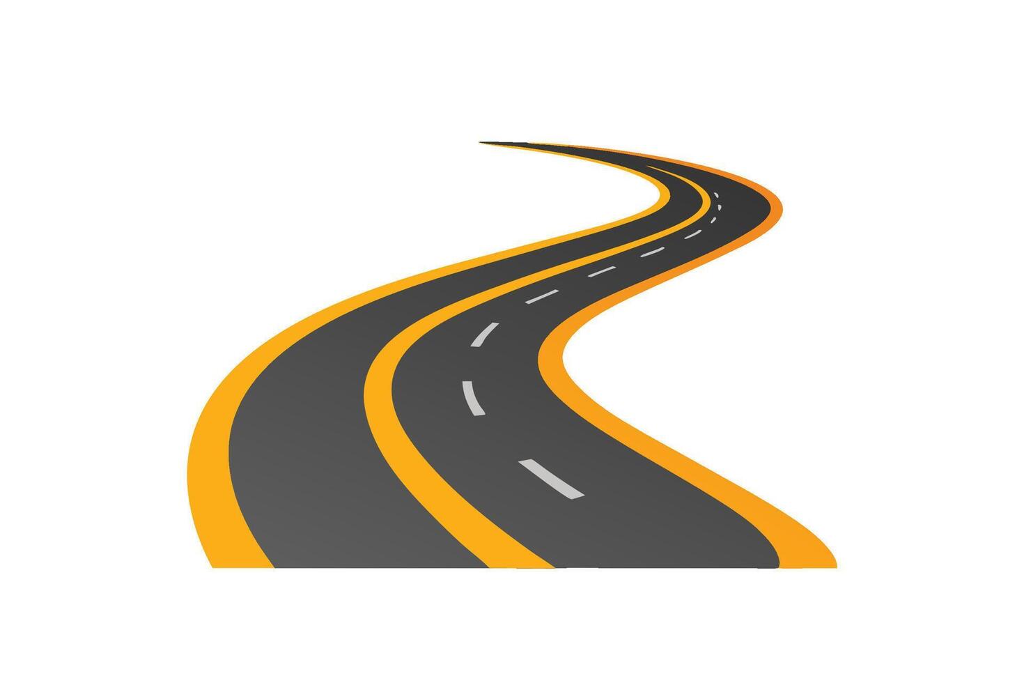 Curved asphalt road with double yellow lines flat illustration white background vector