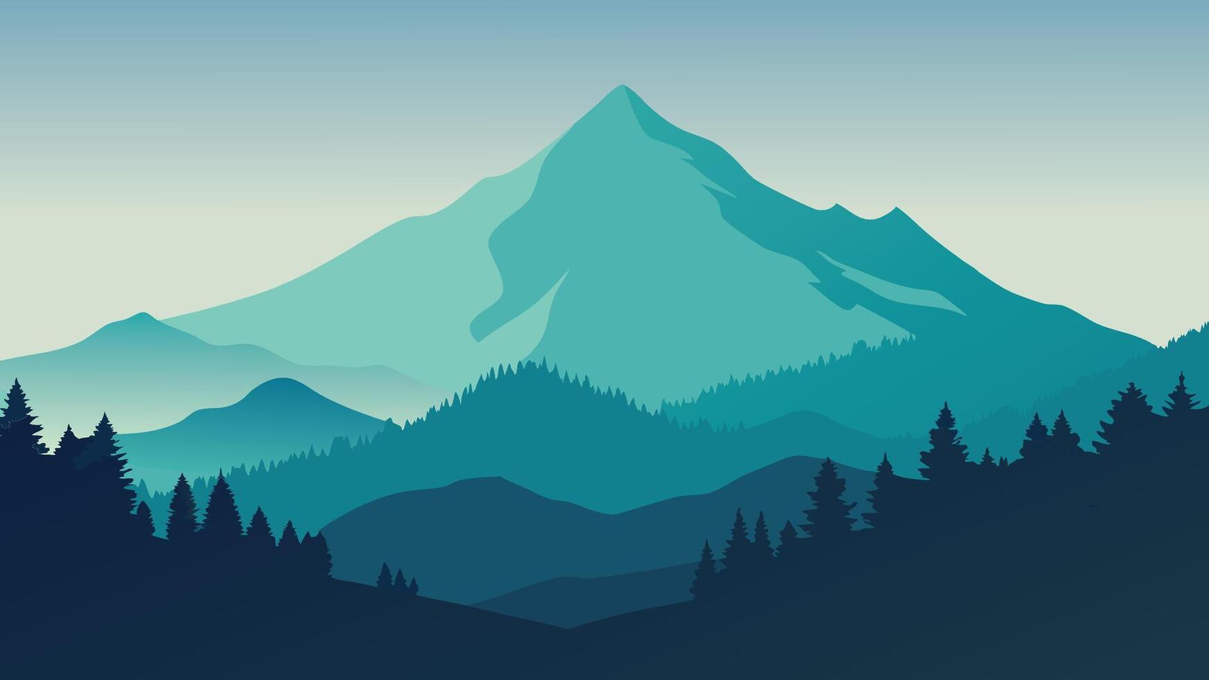 Mountain vista cloaked in mist, surrounded by trees, creating a captivating and serene natural environment flat illustration vector