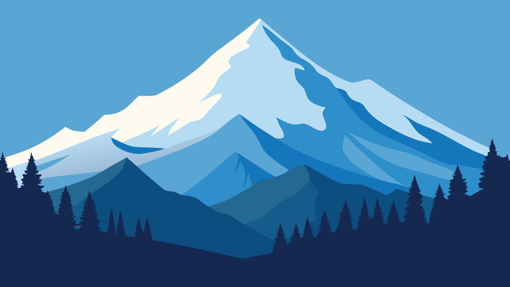 Snow covered mountain rises majestically, surrounded by evergreen trees blanketed in fresh snow flat illustration. vector