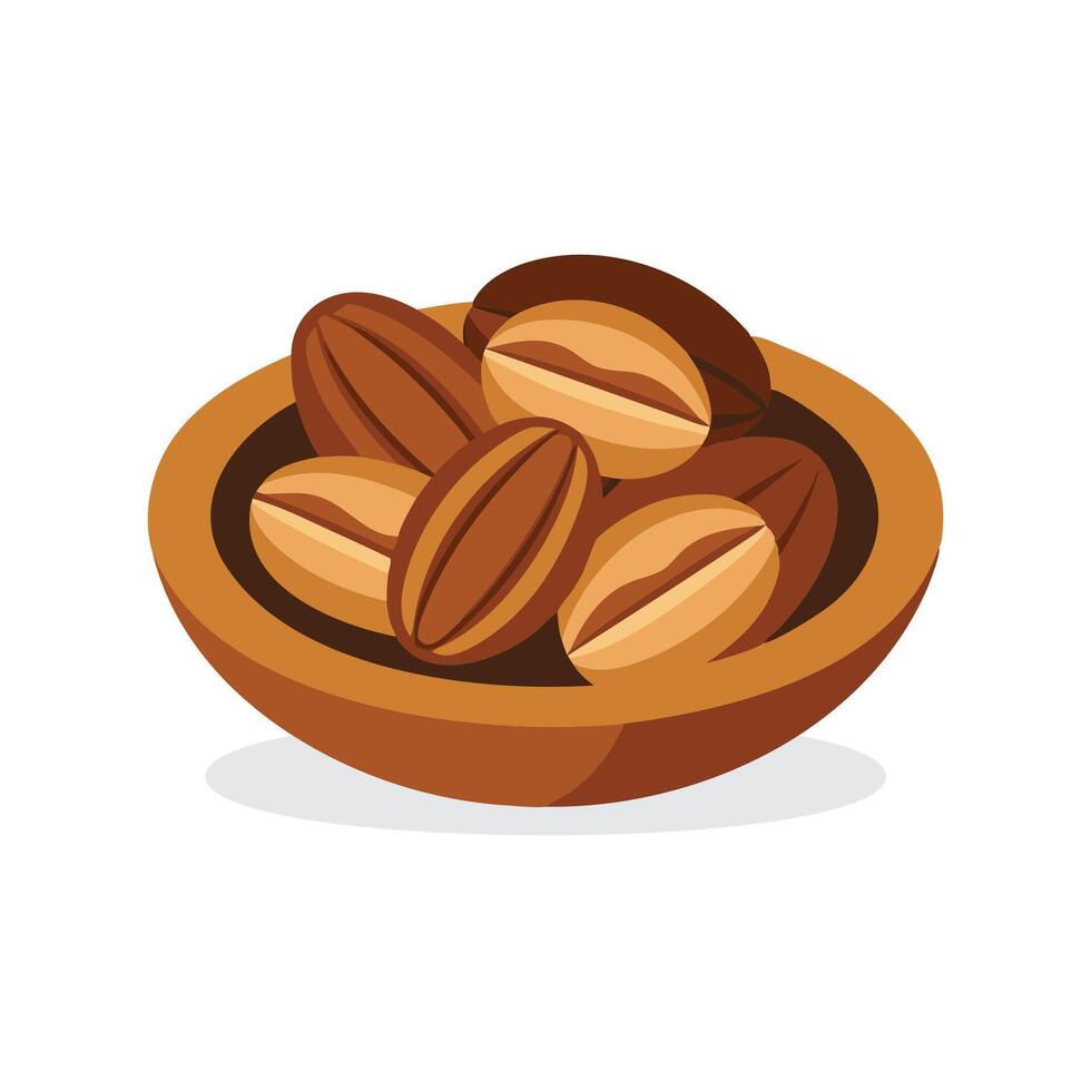 Pecans nuts in a wooden bowl top view flat illustration white background vector