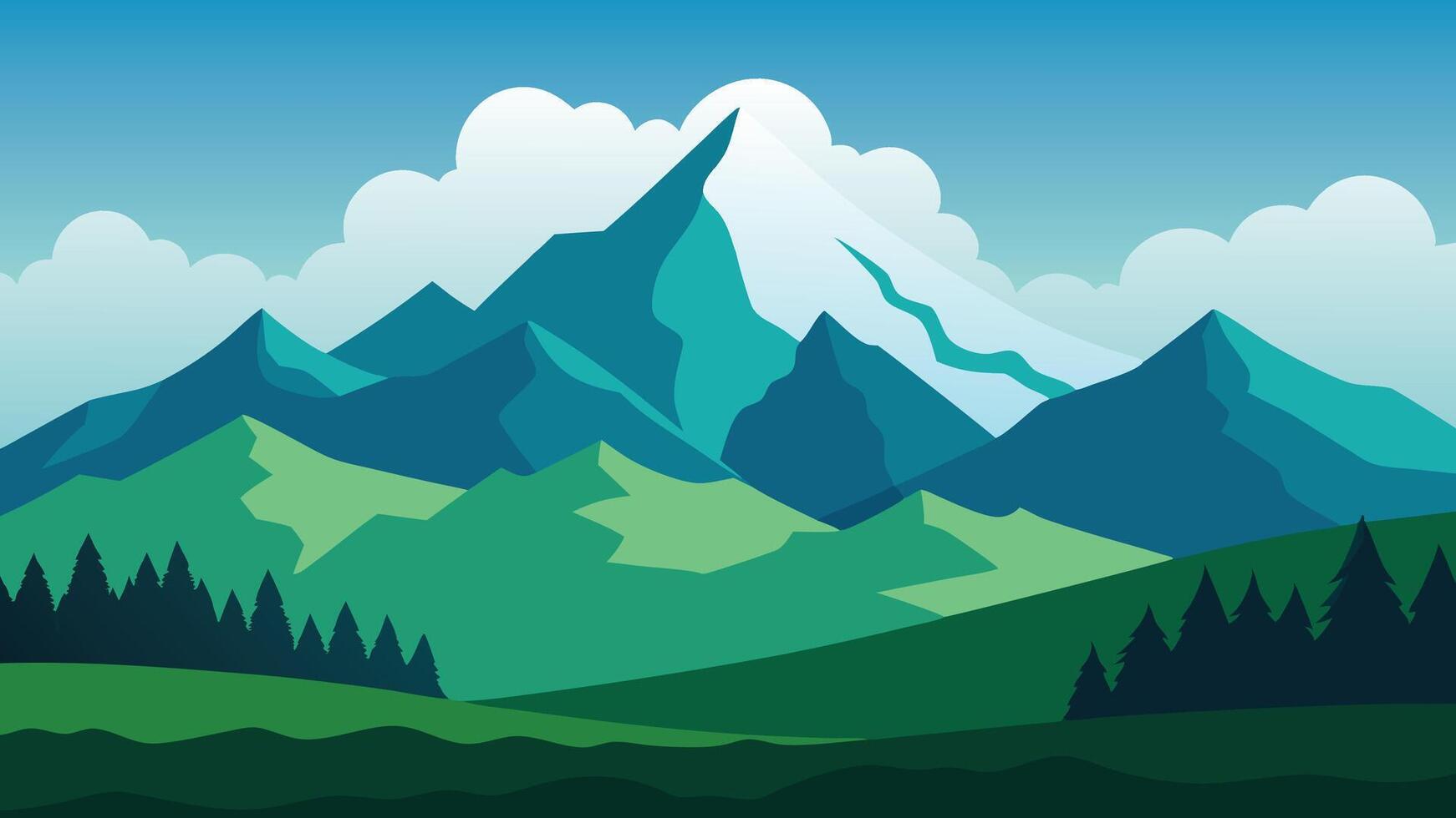 Picturesque mountain range enveloped in clouds, complemented by verdant grass, capturing the essence of the great outdoors flat illustration vector