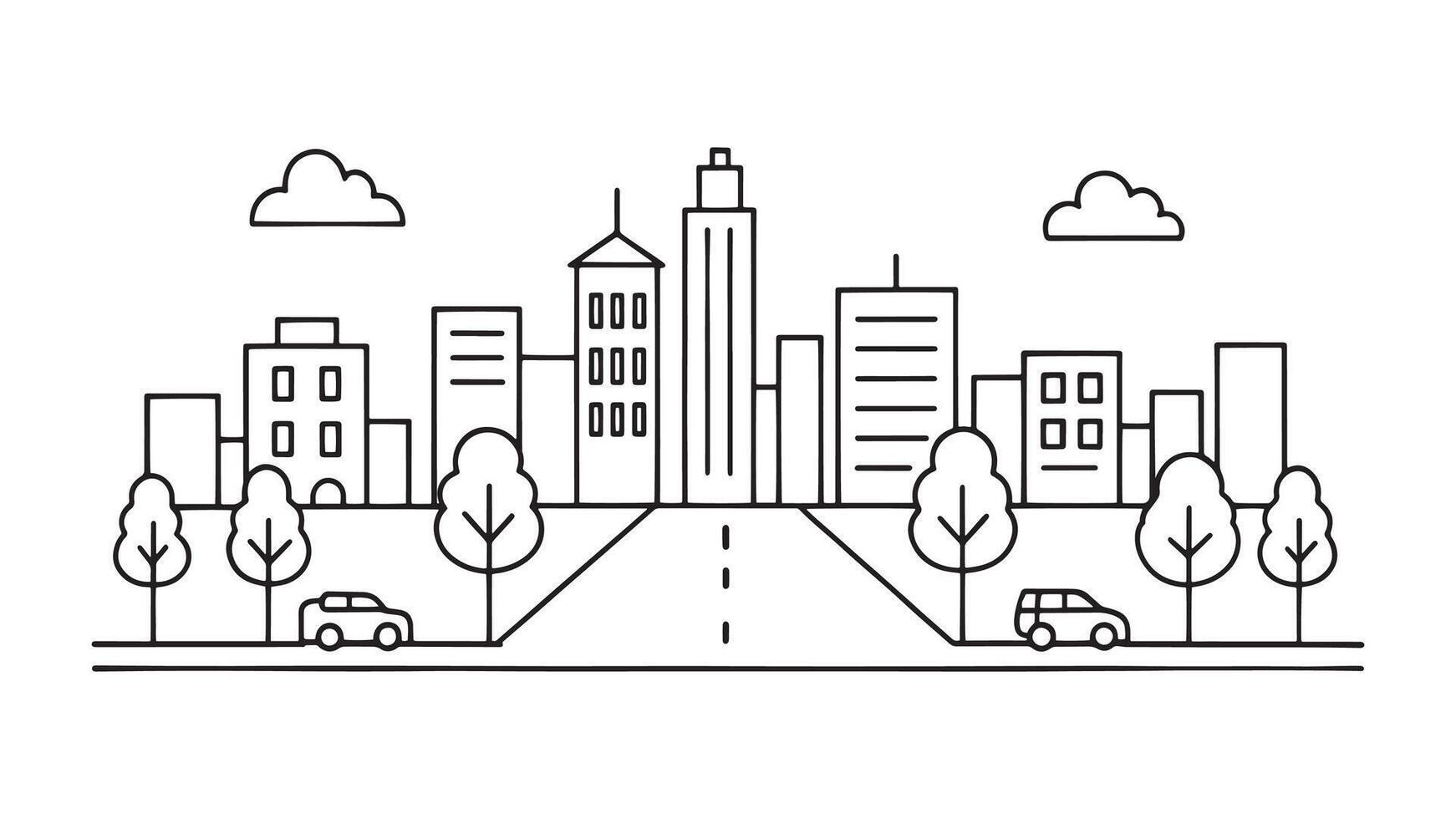 Main street road continuous line art flat illustration on white background. vector