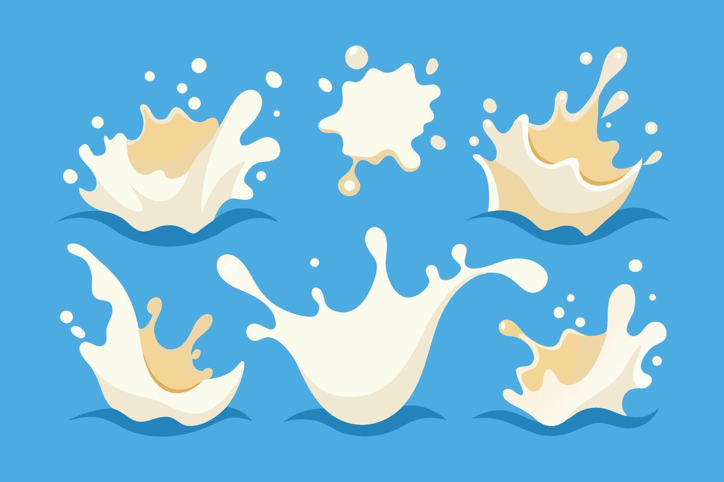 Dynamic liquid milk splash flat illustration set Blue background vector