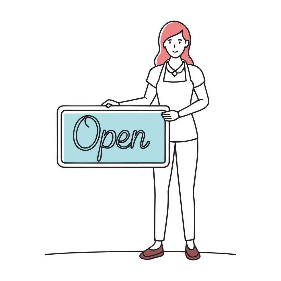 Woman stands proudly in front of her business- holding an open sign to welcome customers continuous line art flat illustration white background.eps vector