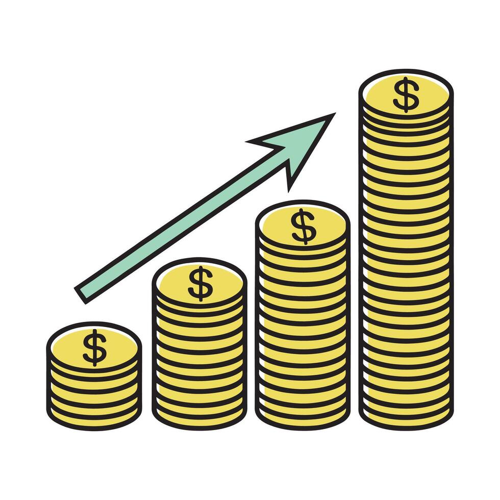 Stack of money with an upward arrow, symbolizing financial growth or investment doodle line art flat illustration on white background vector