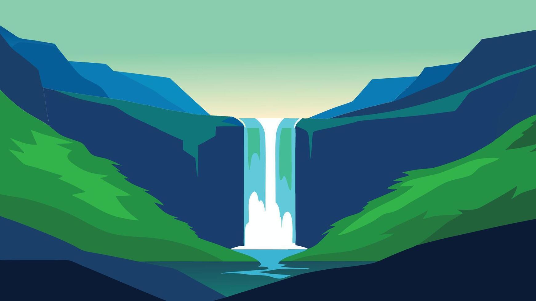 Icelandic waterfall cascading down rocky cliffs, surrounded by lush greenery and vibrant landscapes flat illustration. vector
