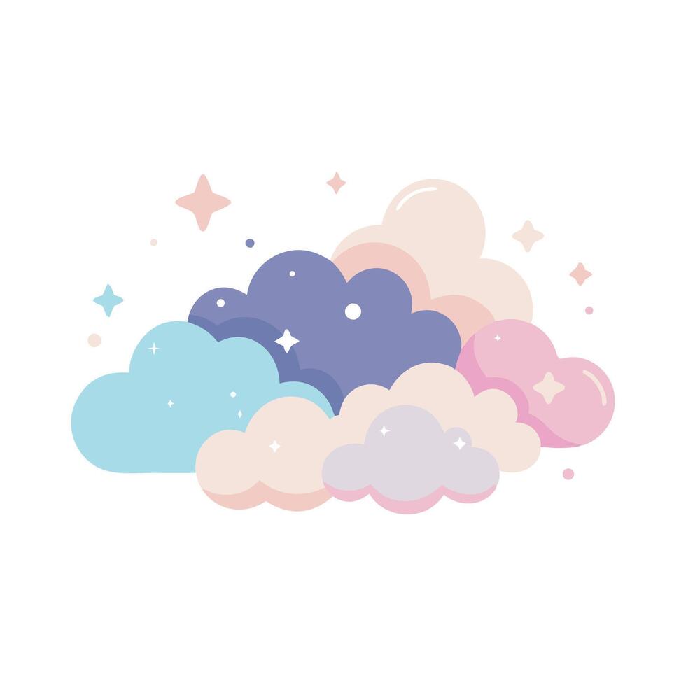 Cartoon cloud surrounded by twinkling stars and fluffy clouds, creating a dreamy night sky scene flat illustration vector