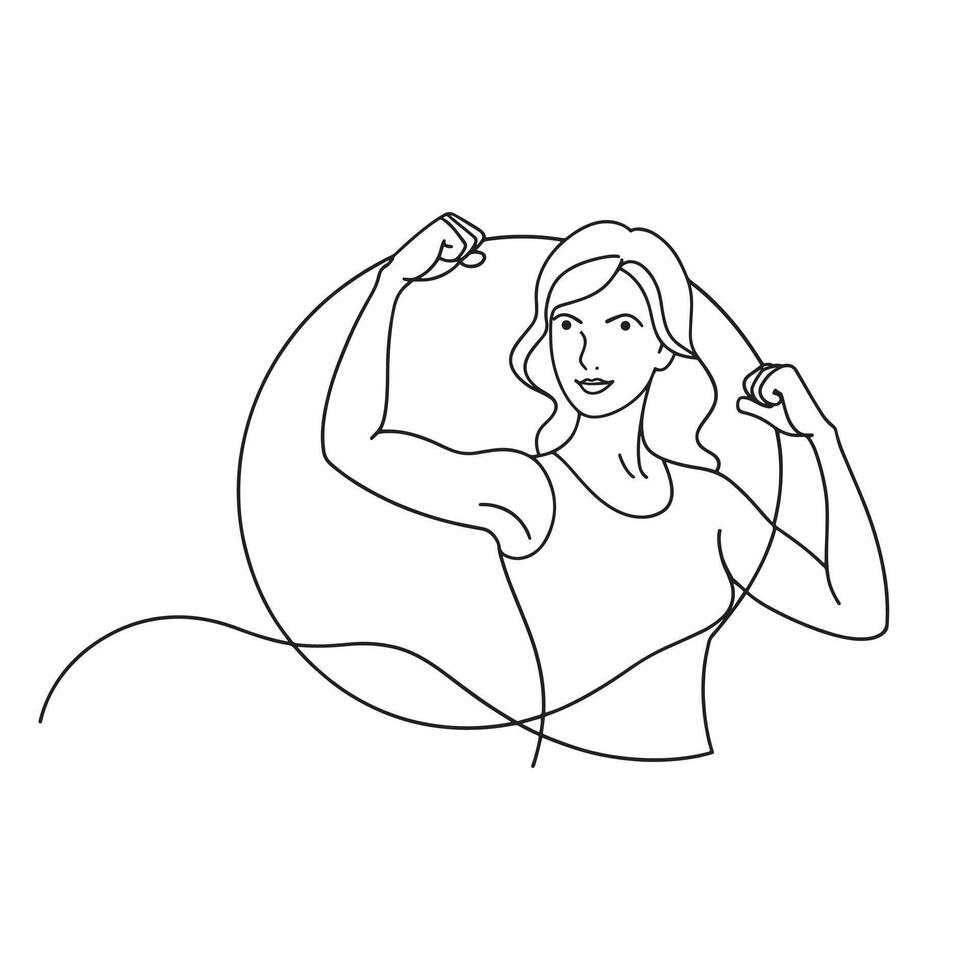 woman confidently flexes her arm in a circular motion, showcasing strength and determination in her expression continuous line art flat illustration on white background vector