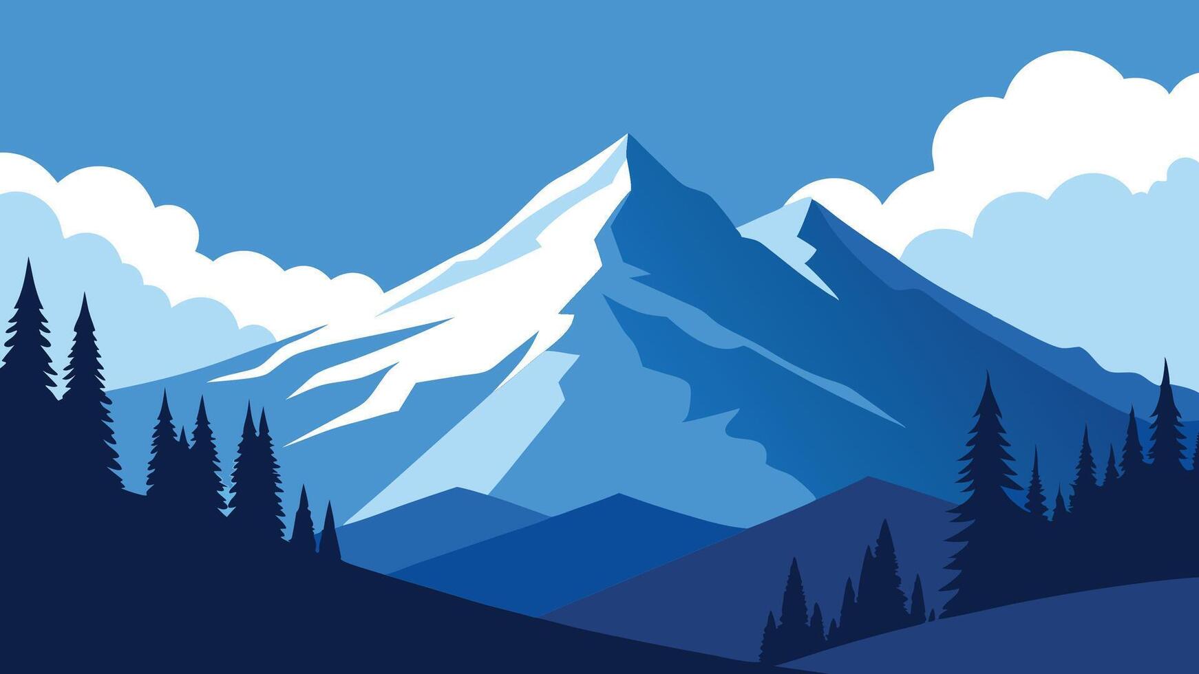 Snowy mountain landscape featuring tall trees and fluffy clouds against a clear blue sky flat illustration vector