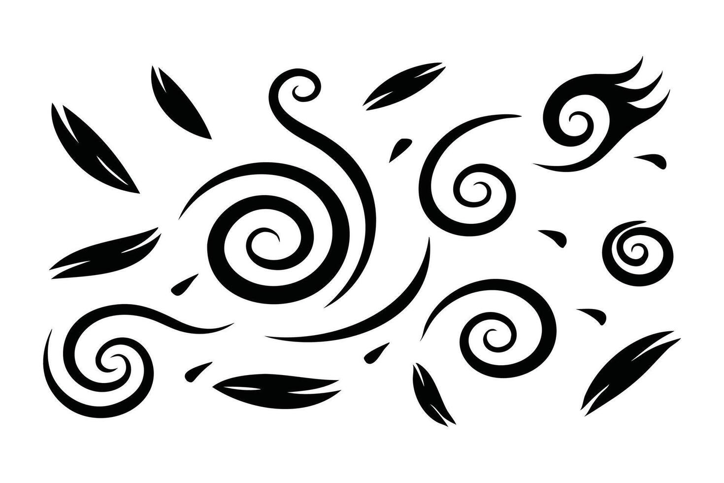 Random wind shapes black brush art illustration on white background vector