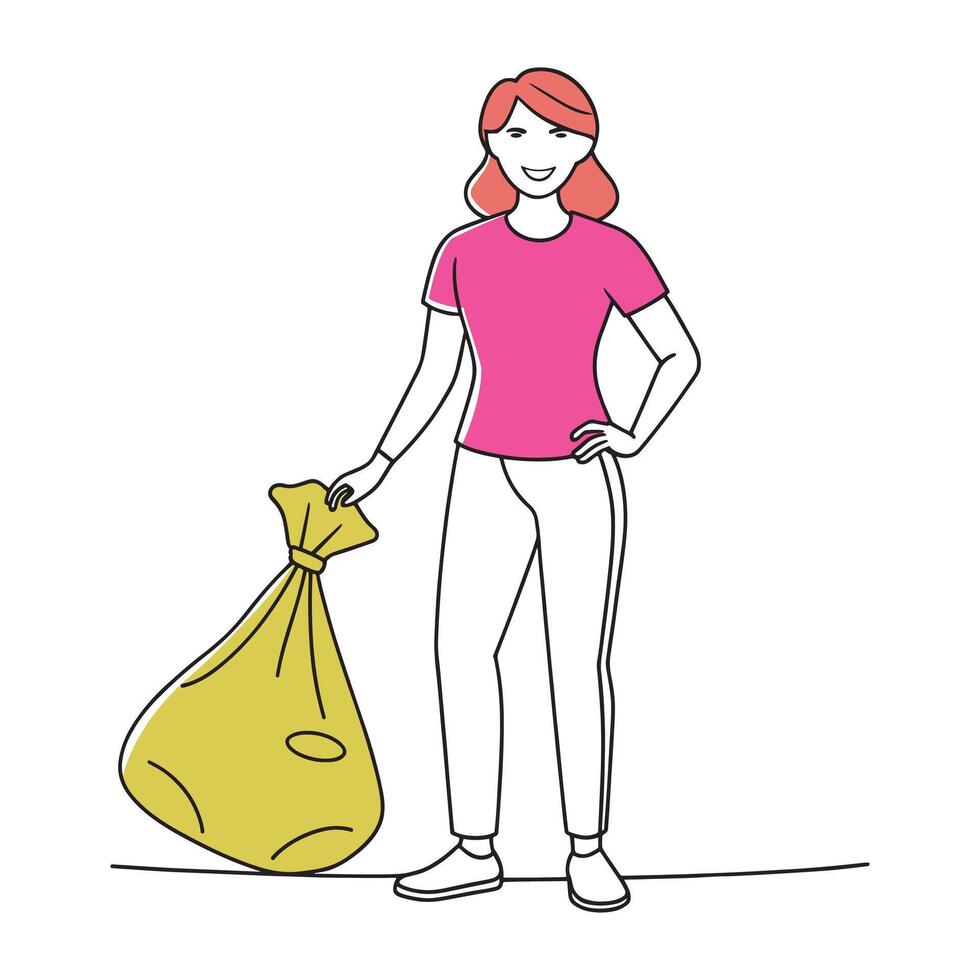 Woman stands outdoors, holding a bag of garbage, ready to dispose of it responsibly continuous line art flat illustration white background. vector