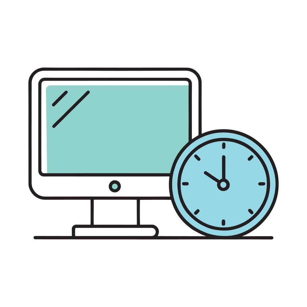 Computer alongside a clock, symbolizing time management in technology doodle line art flat illustration on white background vector