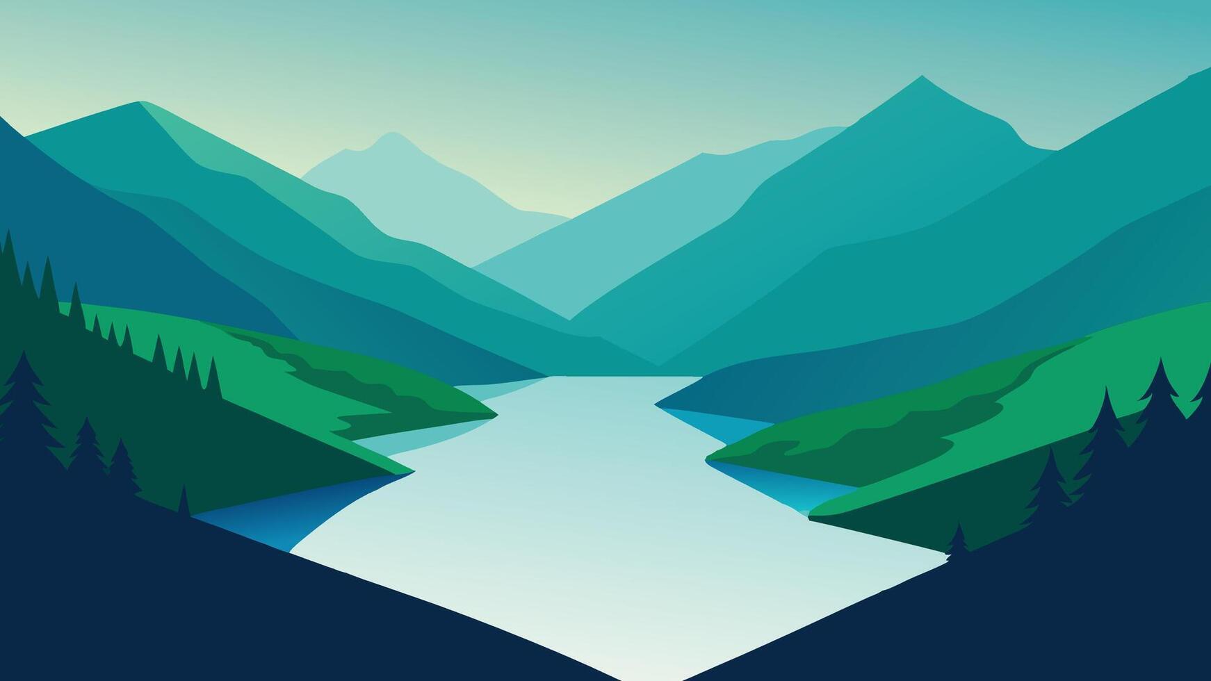 Overhead perspective of a tranquil lake nestled within a vibrant green valley landscape flat illustration vector