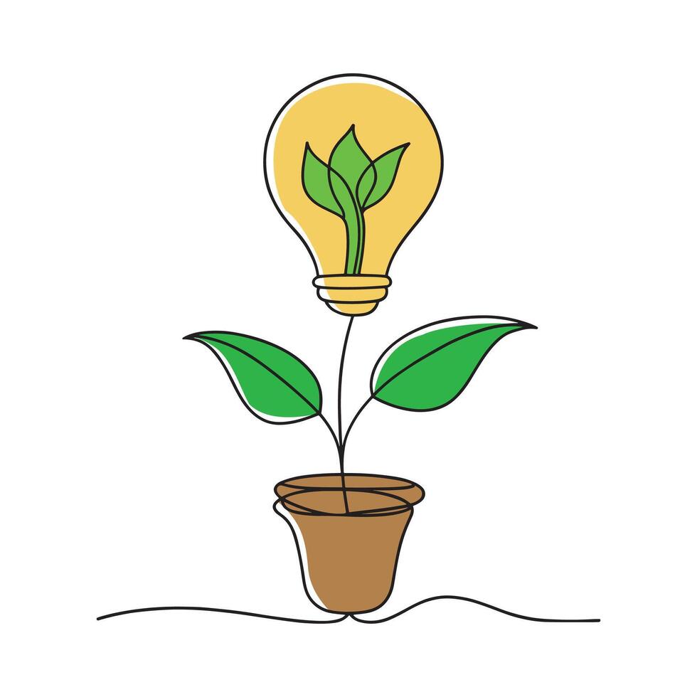 Business plant alongside a light bulb, highlighting the connection between nature and creativity isolated doodle line art flat illustration on white background vector