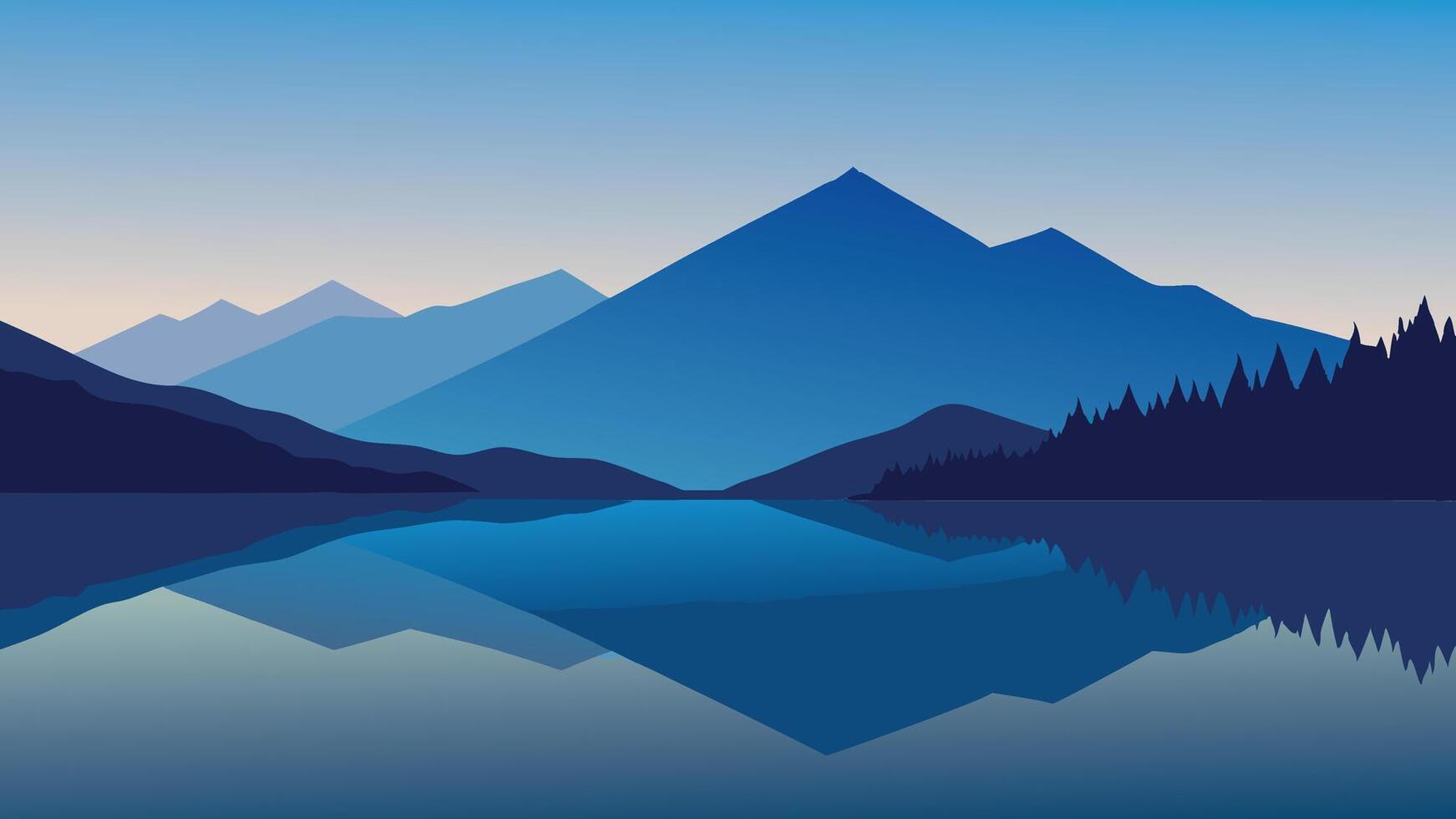Lake reflecting majestic mountains under a clear sky, showcasing nature's beauty and tranquility flat illustration vector