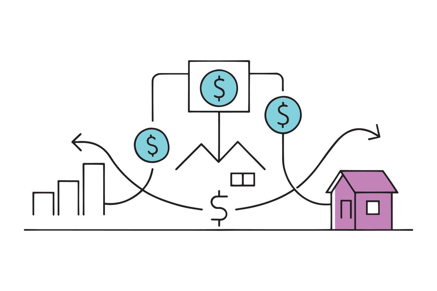 House overlaid with money, representing a business concept or financial investment in real estate isolated doodle line art flat illustration on white background vector