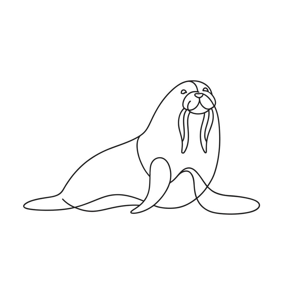 Walrus Animal continuous line art flat illustration on white background. vector