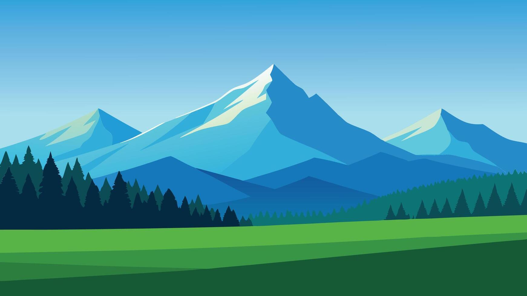 Field with lush green trees majestic mountains in the background under a clear blue sky flat illustration vector
