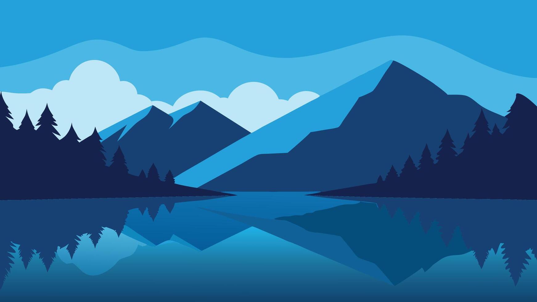 Landscape featuring mountains and trees, beautifully reflected in calm water under a clear sky flat illustration. vector