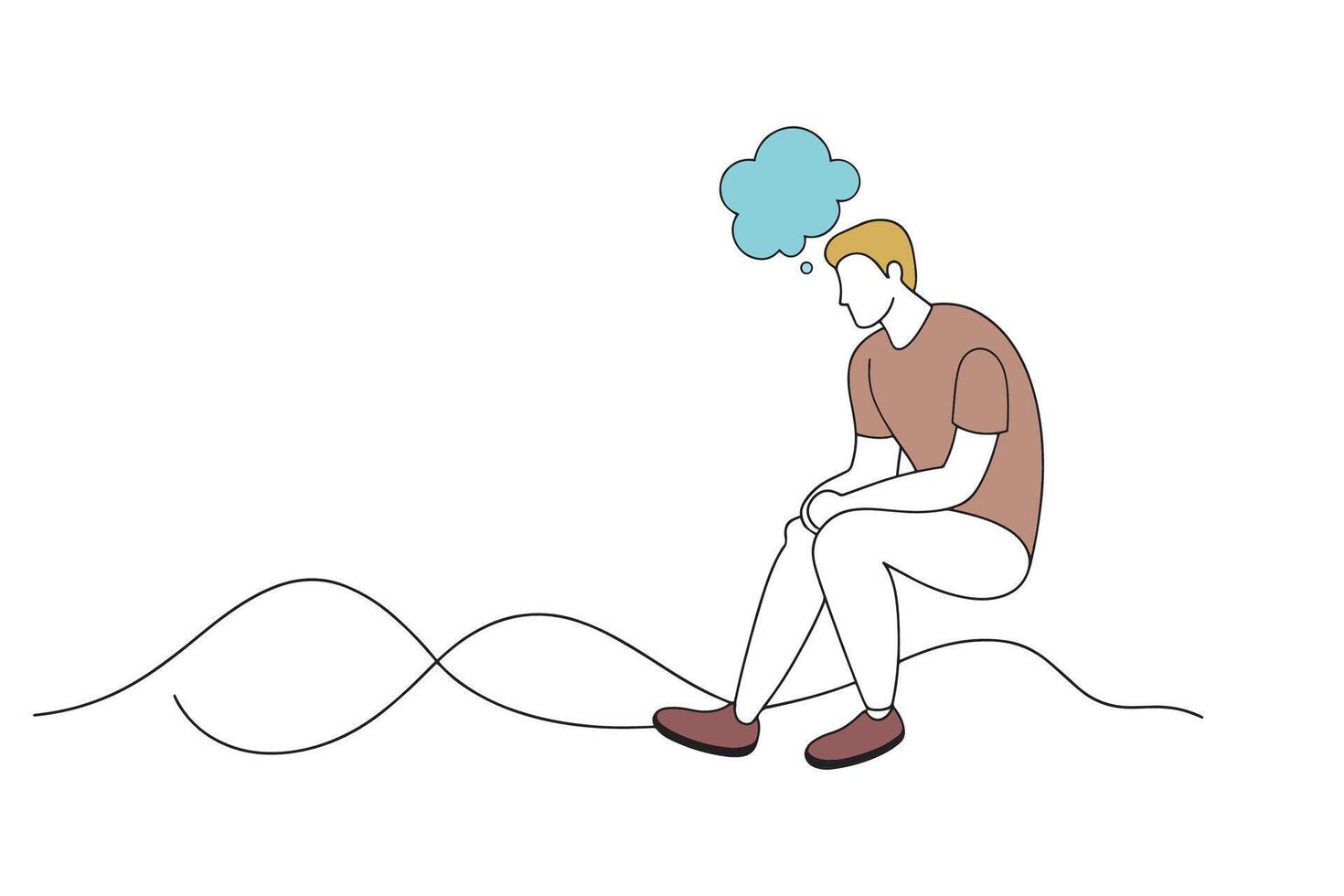 Man sits on the floor, deep in thought, with a thought bubble hovering above his head isolated on white background. vector
