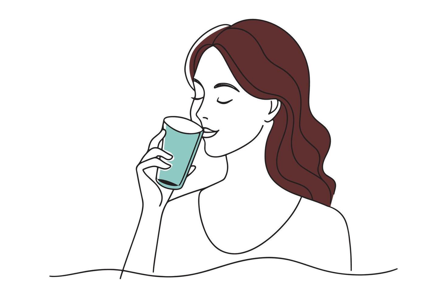 Young woman enjoying refreshing glass of water Continuous line art white background. vector