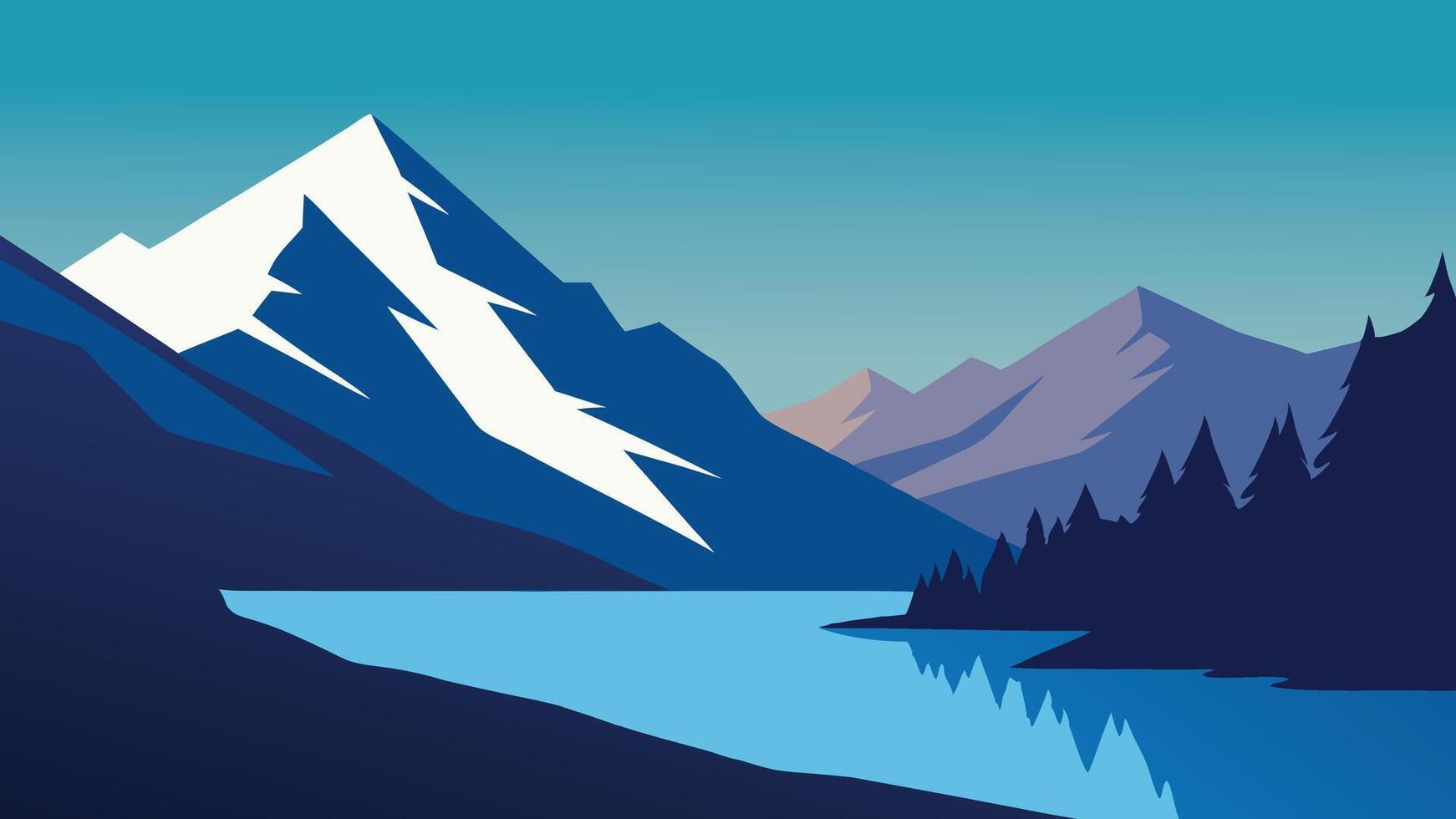 Tranquil lake framed by towering mountains, showcasing beautiful snow-capped peaks that enhance the picturesque landscape. flat illustration. vector