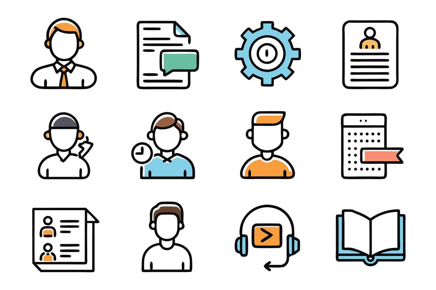 User manual, instruction, guidebook, reference, information support, assistant, customer help related colorful editable stroke outline icon set illustration on white background vector