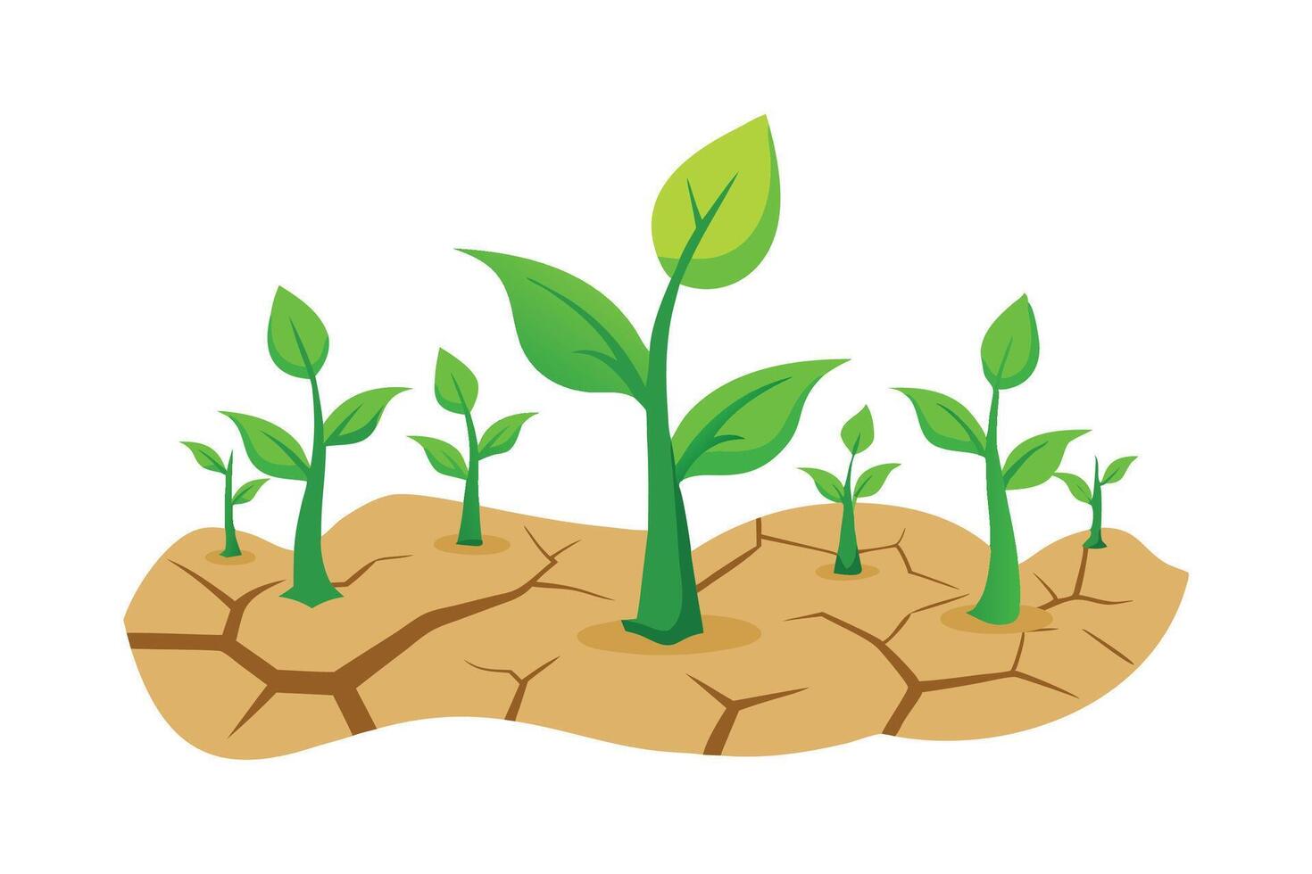 Green plant sprouting from dry, cracked earth in a drought stricken area flat illustration white background. vector