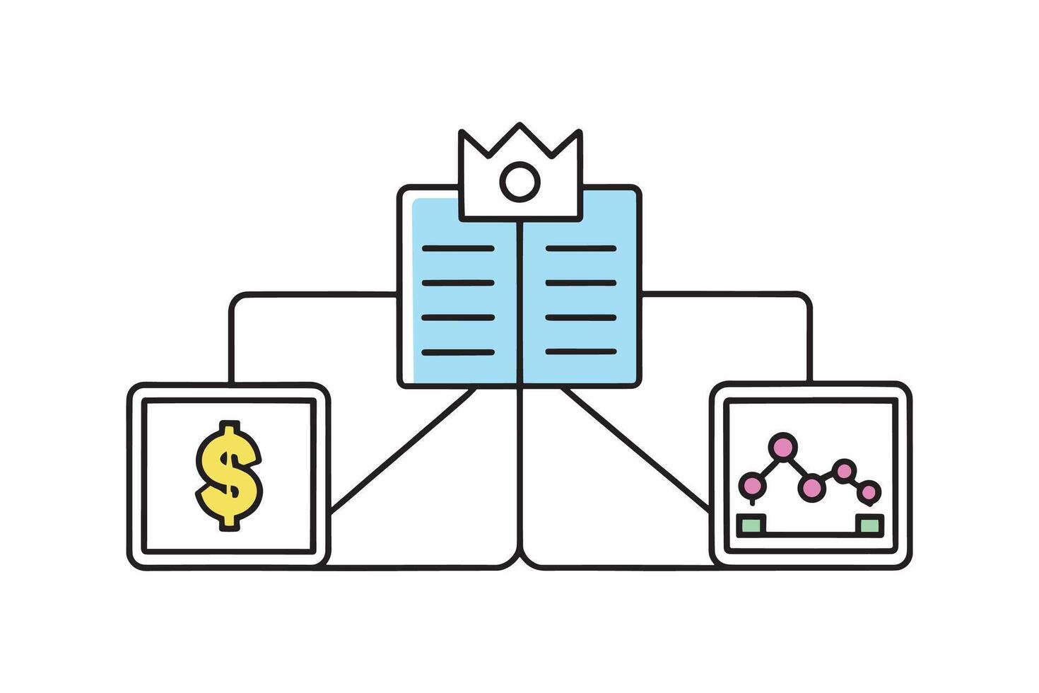 An individual researching online income strategies on a laptop, surrounded by financial books and a notepad isolated doodle line art flat illustration on white background. vector