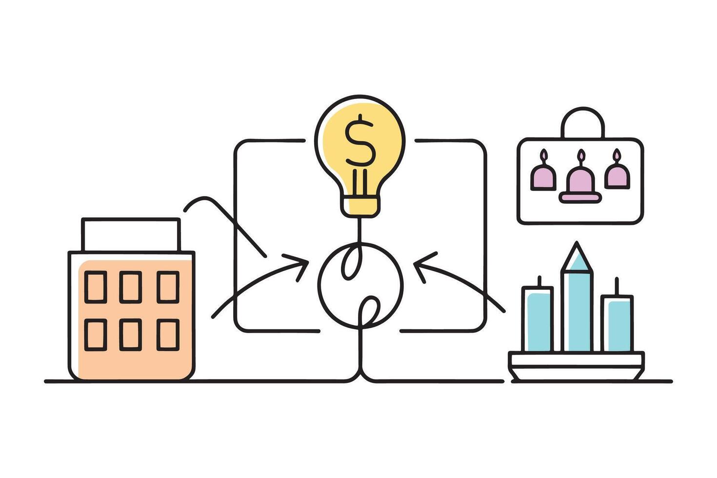 Business concept, featuring symbols of finance and strategy in a minimalist design isolated doodle line art flat illustration on white background vector