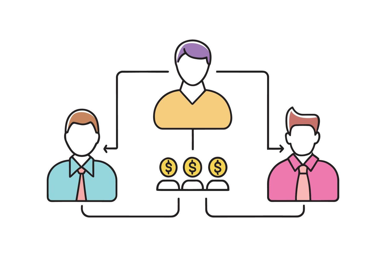 Business network diagram illustrating interconnected nodes and relationships within a corporate structure isolated doodle line art flat illustration on white background. vector