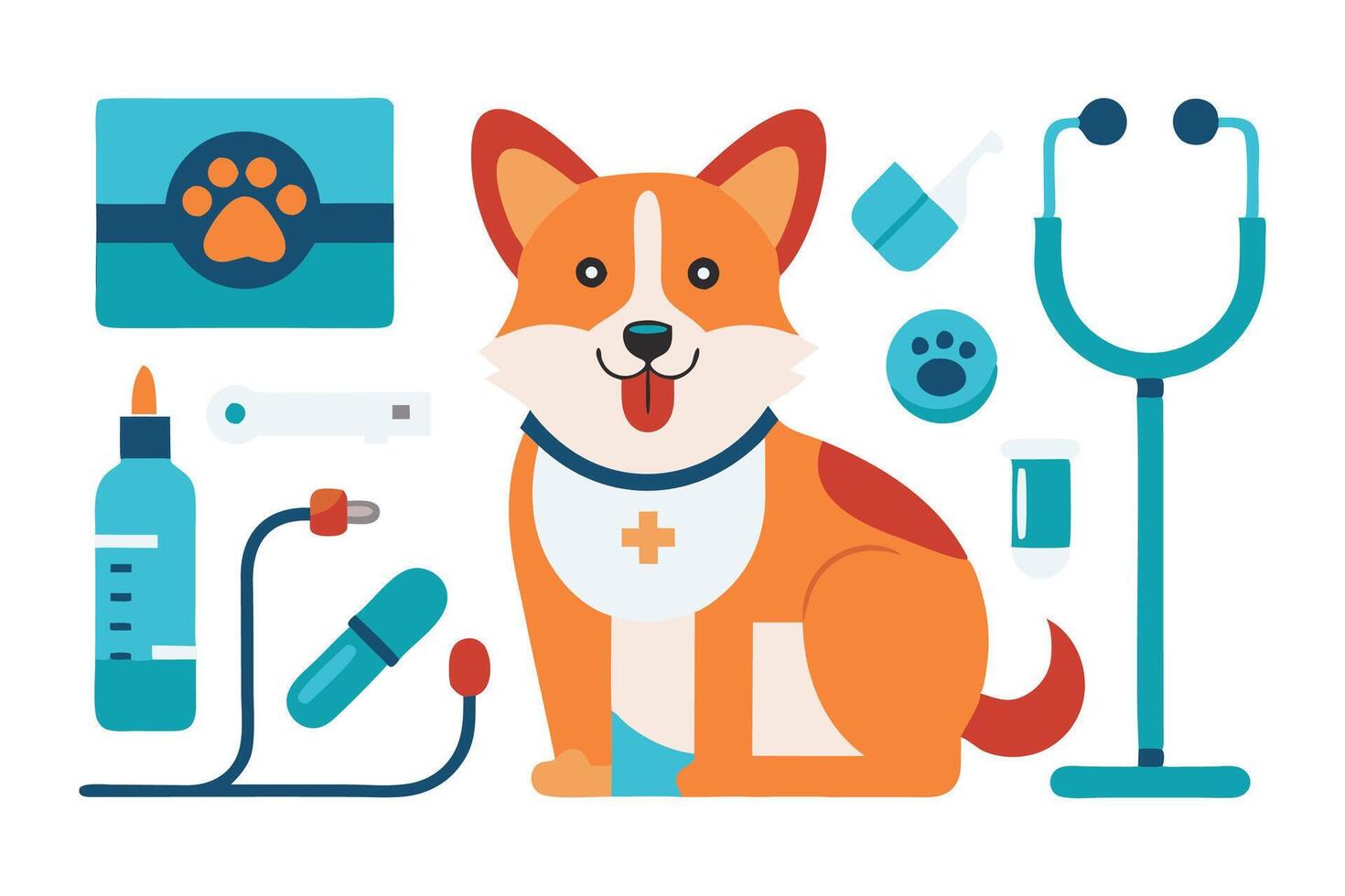 Happy corgi dog during a check up at the clinic isolated flat illustration white background. vector