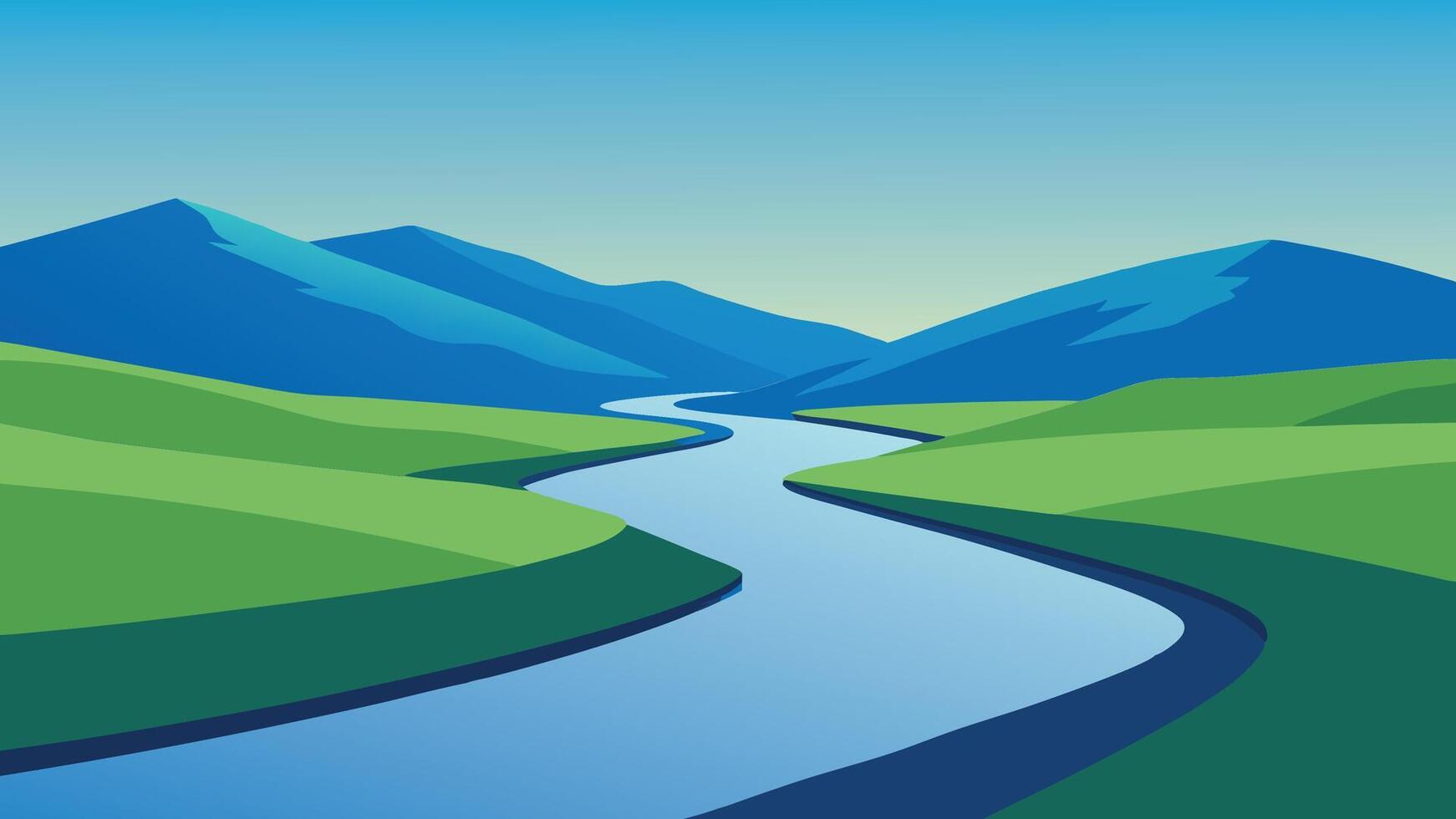 River flows through lush green grass under a clear blue sky, creating a picturesque natural landscape flat illustration. vector