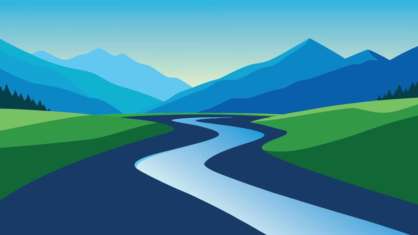 Picturesque river winds through a green valley, surrounded by impressive mountains under a clear sky flat illustration vector