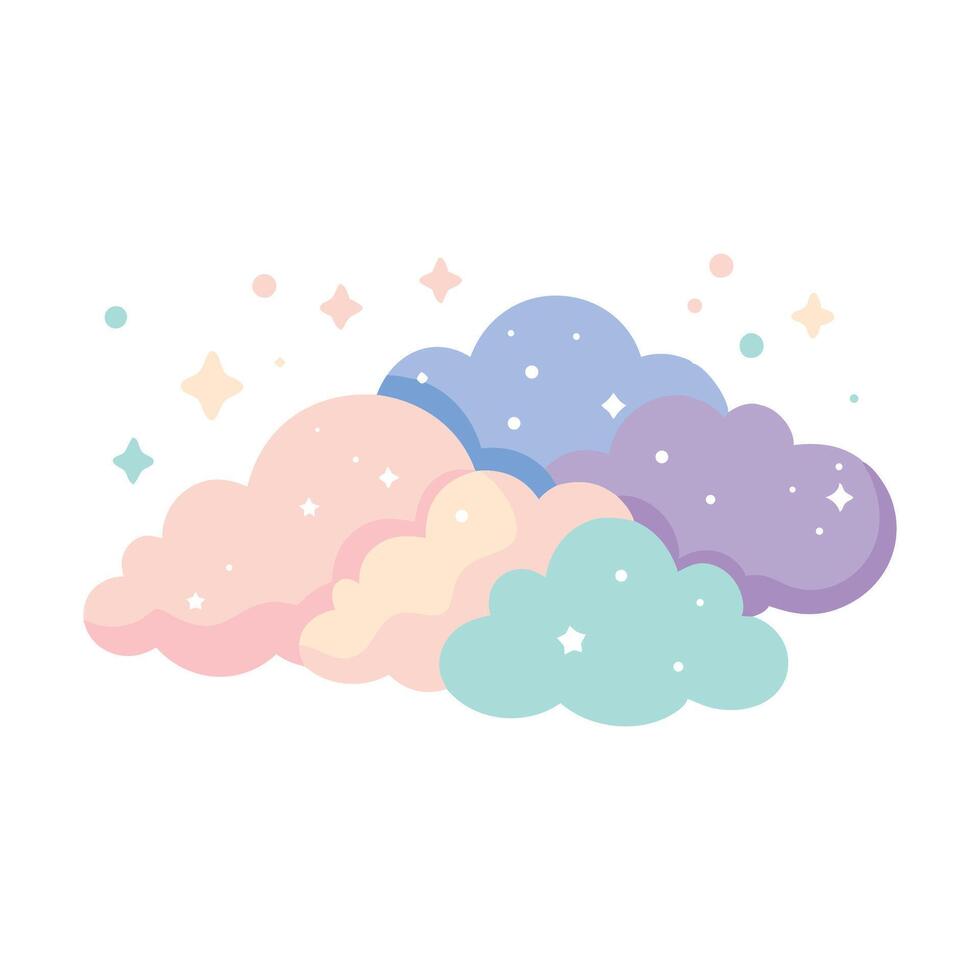 Cheerful cartoon cloud featuring bright stars and fluffy clouds, illustrating a delightful and enchanting atmosphere flat illustration white background. vector