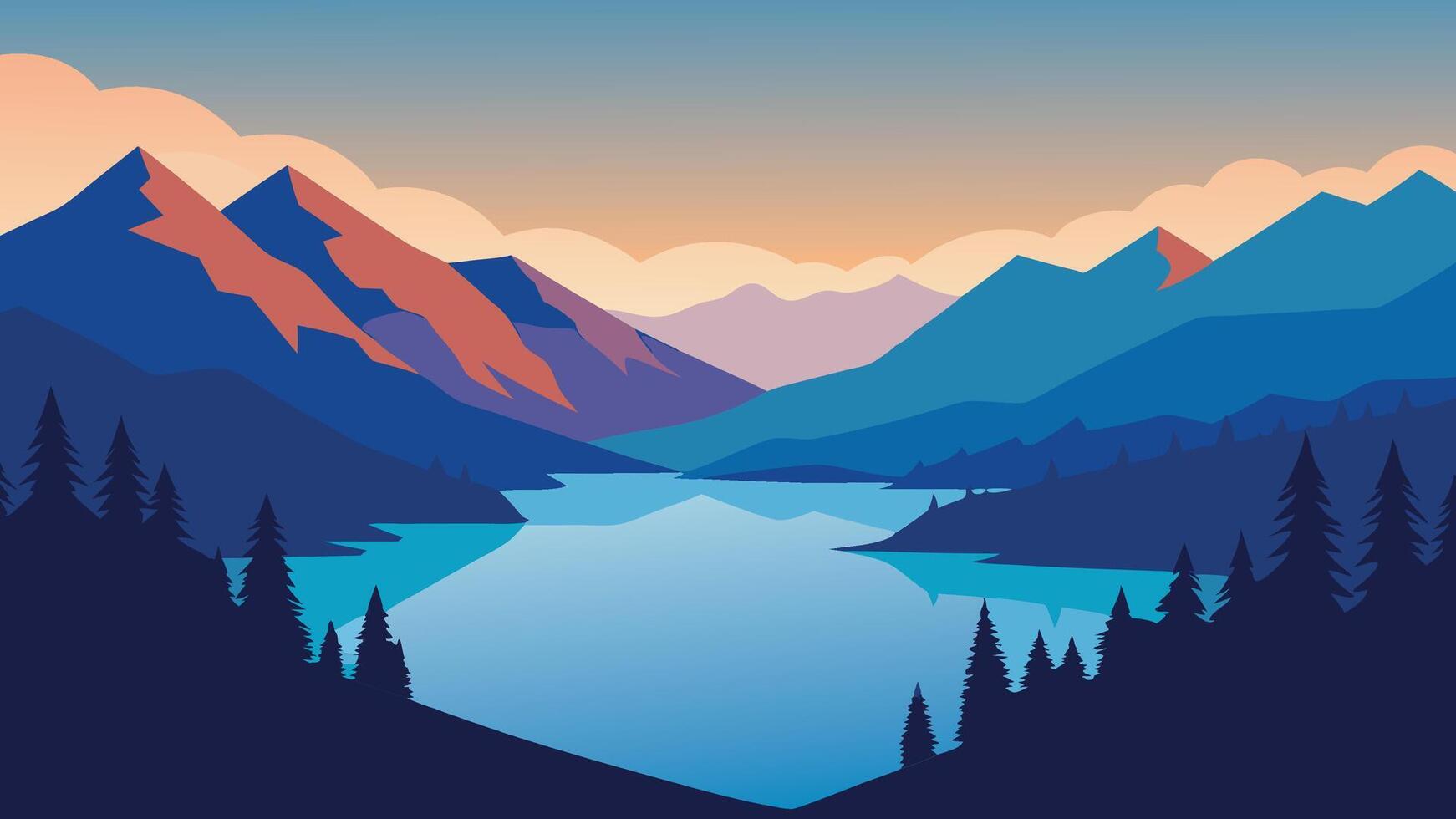 Picturesque lake nestled in the mountains, framed by trees in a spectrum of colors, showcasing nature's splendor flat illustration. vector