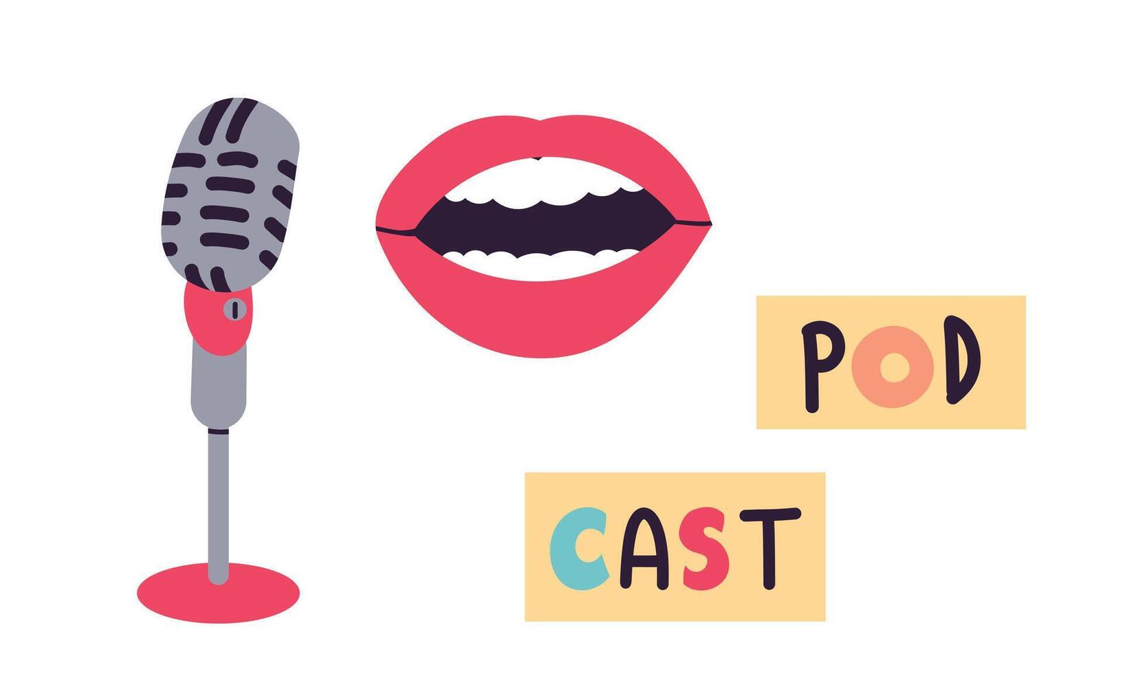 podcast elementos, micrófono, auriculares, jugador, grabación. un persona registros un podcast. dibujos animados ilustración en plano estilo aislar en blanco . vector