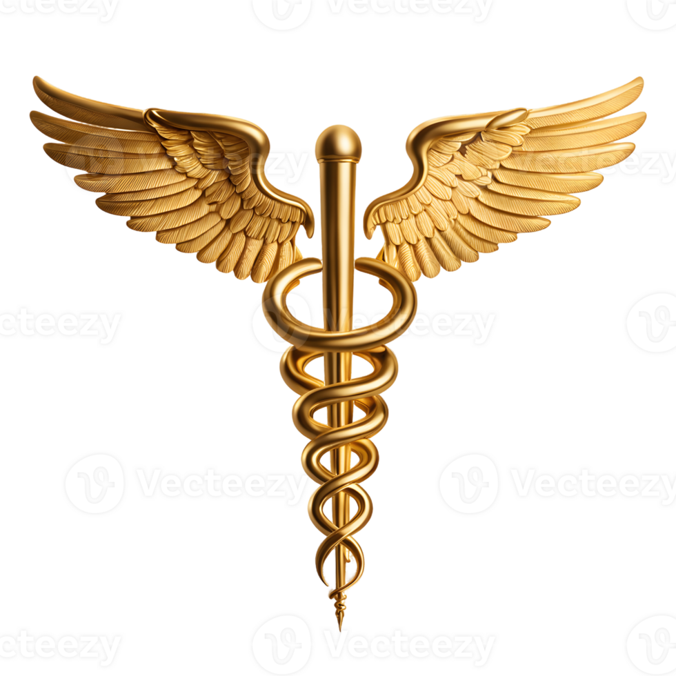 Golden Caduceus Medical Symbol Isolated on Transparent Background png