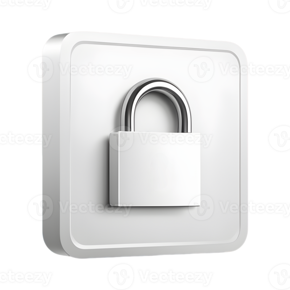 3D White Padlock Icon on Square Button Isolated on Transparent Background png