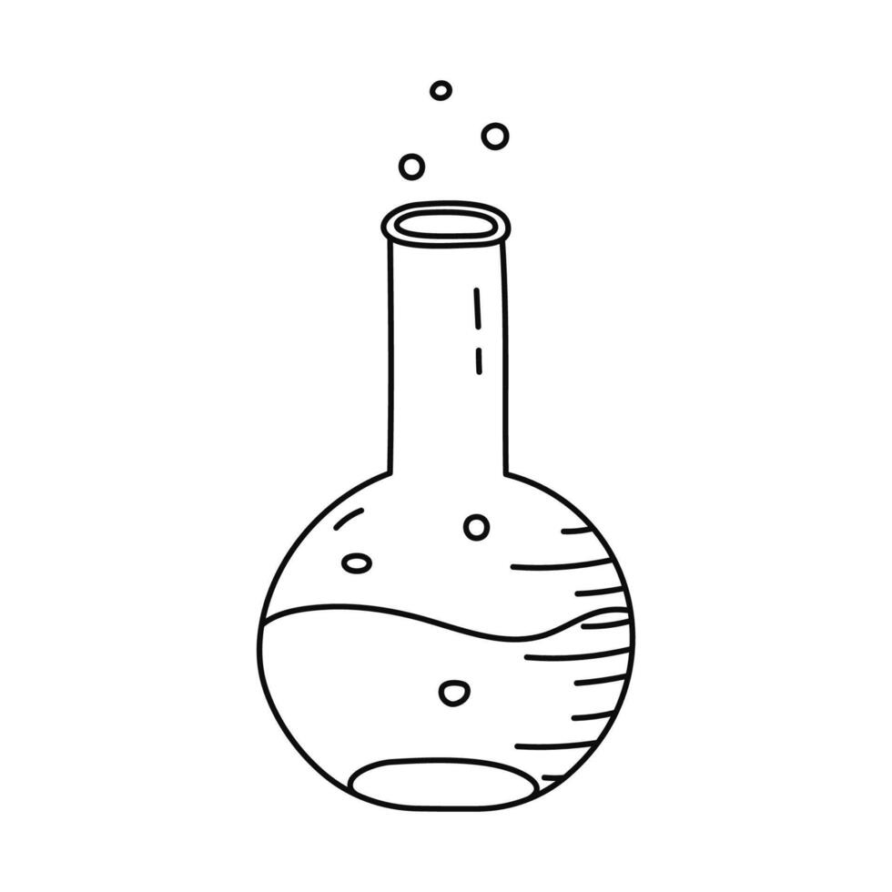 Cute doodle laboratory beaker with chemical solution and bubbles. Round flask, glassware, tube for science experiment, chemistry, biology tests. Hand drawn lab equipment isolated on white vector