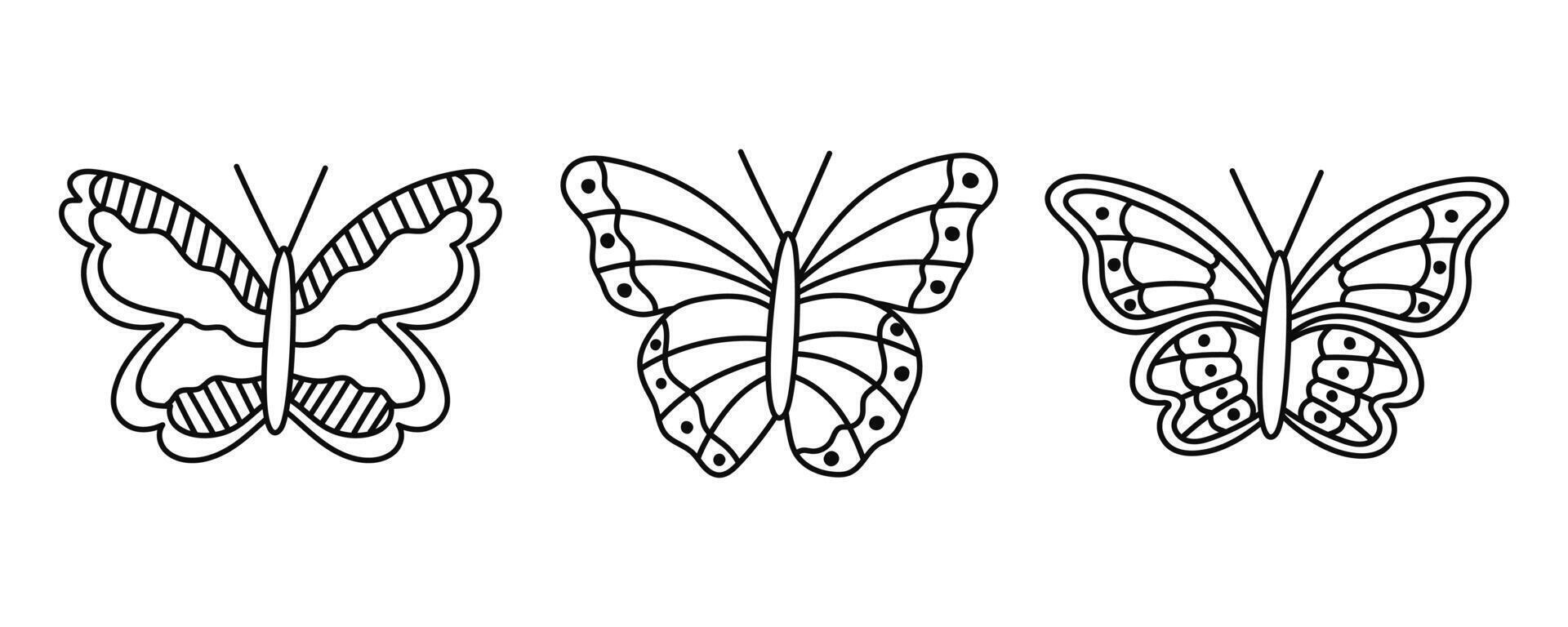 Cute outline doodle set of butterflies as trendy symbol of Y2k, 90s and 00s. Flying tropical and garden insect. Hand drawn simple butterfly isolated on white background. Nostalgia for 1990s aesthetic vector