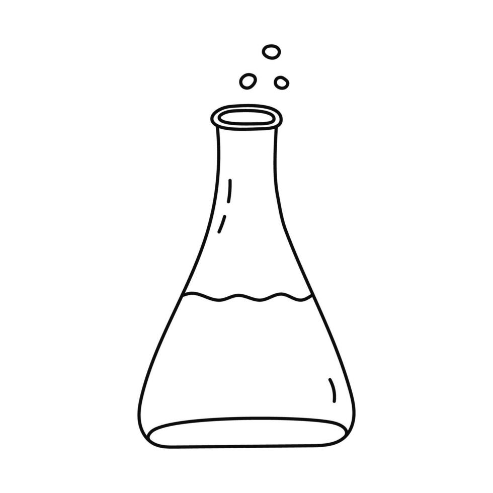 Cute doodle laboratory beaker with chemical solution and bubbles. Flat bottomed flask, glassware for science experiment, chemistry tests. Hand drawn outline lab equipment isolated on white vector