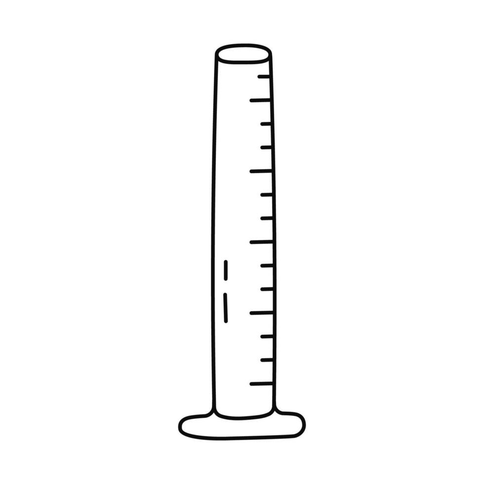 Cute doodle laboratory flask for science experiment, chemistry and biology tests. High and narrow beaker, glassware, tube for chemical solutions. Hand drawn outline lab equipment isolated on white. vector