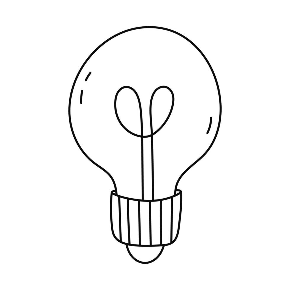 Cute doodle light bulb as symbol of idea, brainstorm, electricity. Hand drawn simple glowing light lamp clipart isolated on white background. Outline energy, power and business, strategy concept vector